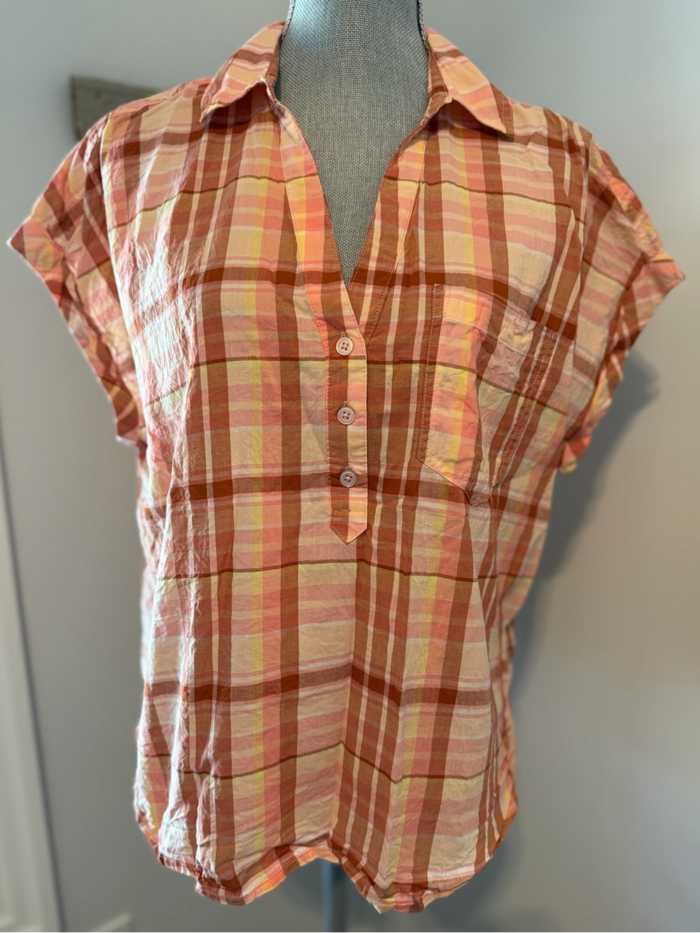CHAPS Cotton Cap Sleeve Half Button Down Collared Plaid Blouse Size XL